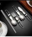 Travel Set with Mesh Bag 5pcs Stainless Steel Cutlery Spoon Fork Chopsticks Knife Set Tableware Dinnerware Portable Home Camping.
