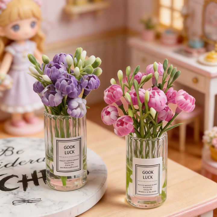 1 Dollhouse Miniature Flower Glass Vase: 1/12 Mini Simulation Flower Plant Vase Decorative Model