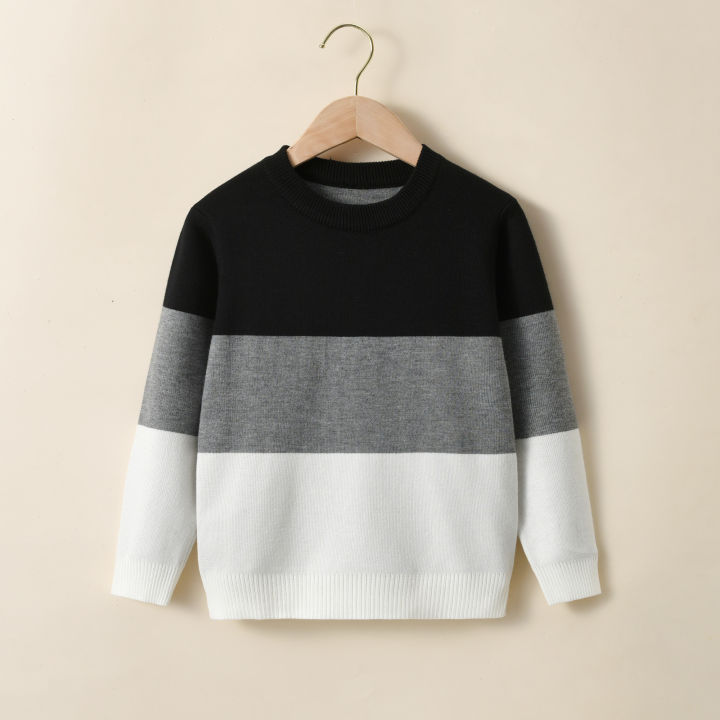 Boys College Style Striped Contrasting Sweater Pullover Suitable for School Season, Autumn and Winter
