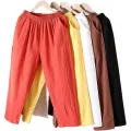 Women Summer Casual Loose Harem Elastic Waist Cotton Linen Pants Ninth Trousers. 