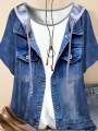 Plus size women's imitation denim casual short sleeved round neck top Western style denim style T-shirt versatile comfortable. 
