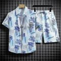 Hawaiian Beach Shirt Ensemble Men's Baggy Short-Sleeved Combo for Hainan Travel Vacation Cartoon Half-Sleeved Floral Shirt Tops. 