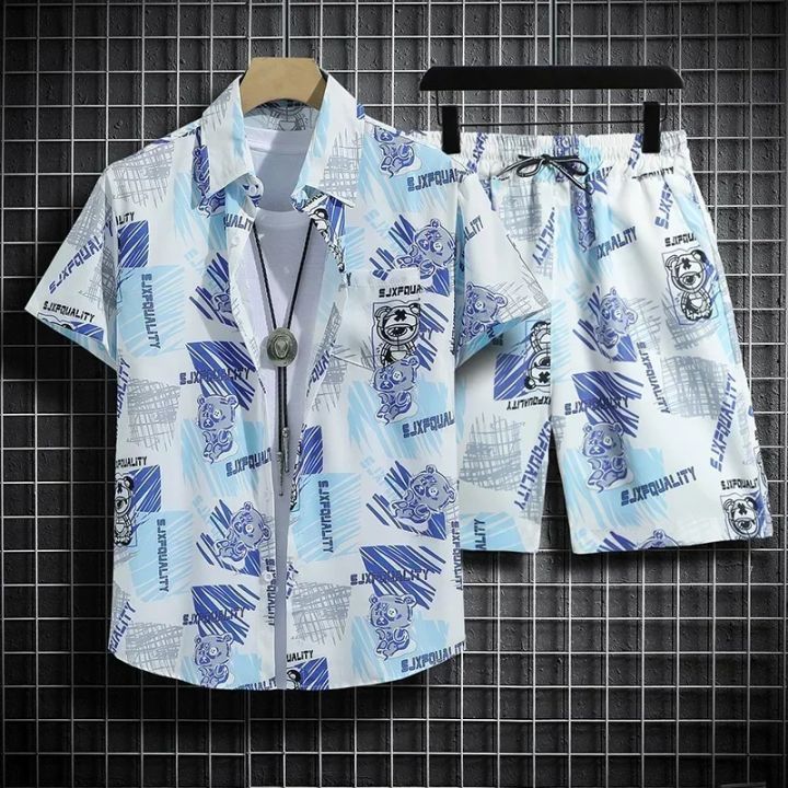 Hawaiian%20Beach%20Shirt%20Ensemble%20Men's%20Baggy%20Short-Sleeved%20Combo%20for%20Hainan%20Travel%20Vacation%20Cartoon%20Half-Sleeved%20Floral%20Shirt%20Tops%20-%20Image%204