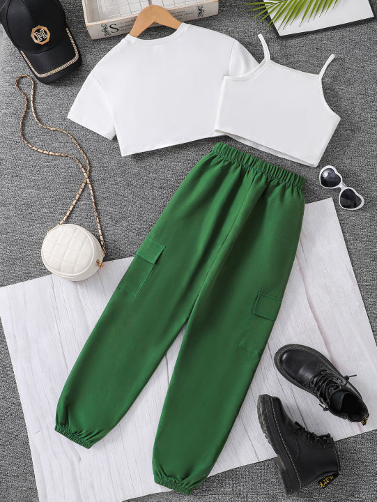 Spring/Summer%20Children's%20Fashion%20Trend%20Girls%20Athleisure%20Basic%20Three-Piece%20Letter%20Print%20T-Shirt%20Solid%20Color%20Halter%20Vest%20Sweatpant%20-%20Image%202