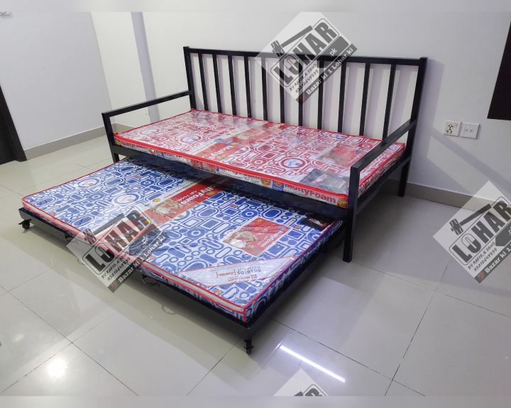 Day Bed with Sliding Trundle (Sofa cum Bed) Metal Frame with Lockable Wheels