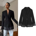 Women's New Fashion Black Fitted Blazer Solid Color Jacket with Lace Details Commuter Long Sleeve Top. 