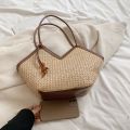 Color blocking woven straw woven bag for women, large capacity versatile shoulder bag, popular commuting tote bag suitable for g. 
