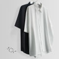 Jane Women's Fashion Shirts Korean Shirts Summer Ice Silk Shirt, 2-Piece Set, Men's Short Sleeve + Suit Pants Loose Black Shirt, Short Sleeves, Solid Color, Trendy Casual Suit Shirt.. 