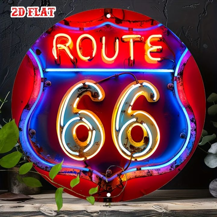 [2D Flat] Route 66 Vintage Neon Sign - Round Aluminum Wall Decor for ...