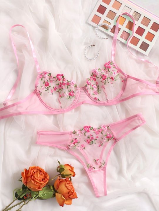 2 Pieces Lingerie Set Sexy Floral Embroidery Underwear Transparent Lace Short Skin Care Kits