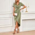 Elegant Satin Summer Dress 2024 Women V-Neck Dress Short Sleeve Satin Maxi Midi Dress Silk V Neck Evening Party Female for Prom.