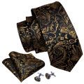 Barry.Wang Gold Black Jacquard Mens Tie Hanky Cufflink Brooch Set Floral Paisley Necktie Pin For Male Wedding Business Gift. 