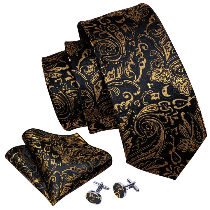 Barry.Wang%20Gold%20Black%20Jacquard%20Mens%20Tie%20Hanky%20Cufflink%20Brooch%20Set%20Floral%20Paisley%20Necktie%20Pin%20For%20Male%20Wedding%20Business%20Gift%20-%20Image%202