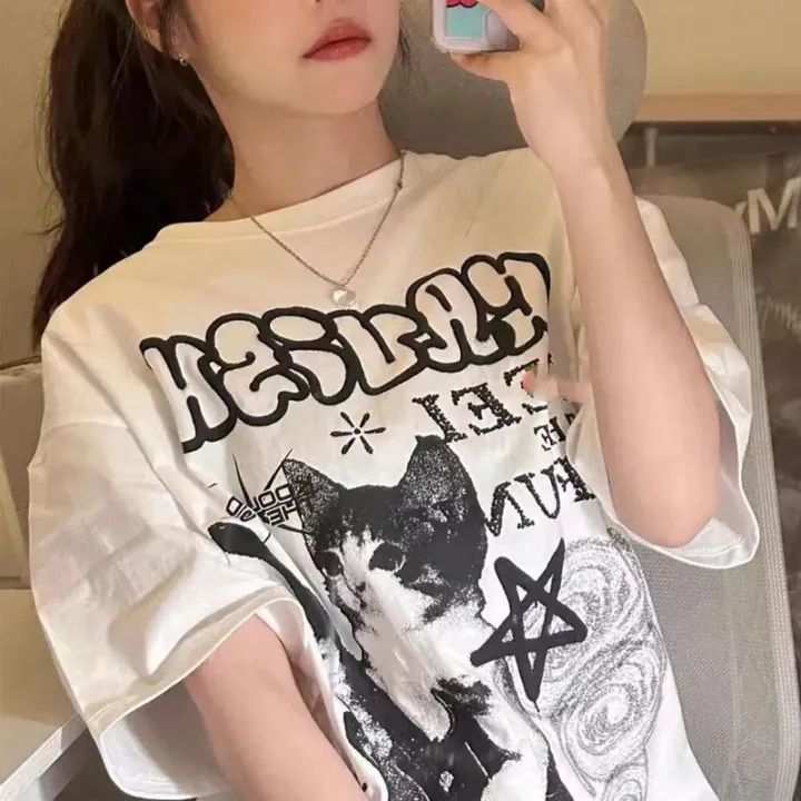 American%20Cat%20Rock%20Guitar%20Graphic%20Short%20Sleeve%20T-Shirt%20Loose%20Korean%20Fashion%20Oversized%20Women's%20Summer%20Clothes%20Y2k%20Streetwear%20-%20Image%203