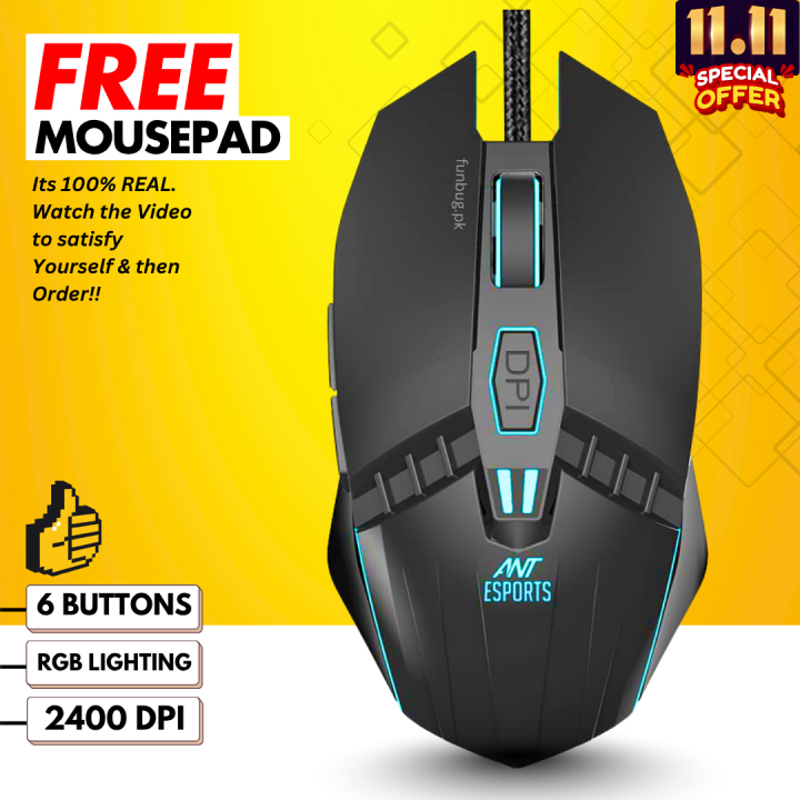 FunBug 6 Buttons Mechanical Gaming Mouse RGB with 4-Levels DPI Control - 7 Light Wired USB Optical Mouse with Side Buttons - Mouse with Pad for PC, Laptop, Computer, Gaming, Pubg Mobile - Black