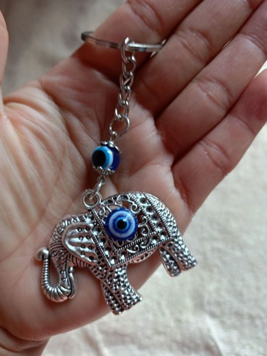 Silver Elephant Evil Eye Charm Keychain