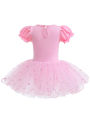 Girls Beaded Dress Stretch Breathable Short Sleeve Ballet Tutu Bodysuit for Dance Performance Kids Costume Size 100-140. 
