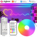 Tuya Zigbee 24V 5m 10m Neon RGBIC LED Strip Waterproof WS2811 Addressable Party Game Room Light RF Remote for Alexa  Home. 