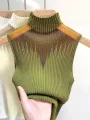 Mesh Knitted Top Women Y2K Tank Top Half Neck Vest Female Sleeveless Sweater Chic Cut Out Streetwear Solid Skinny White Tube Top. 