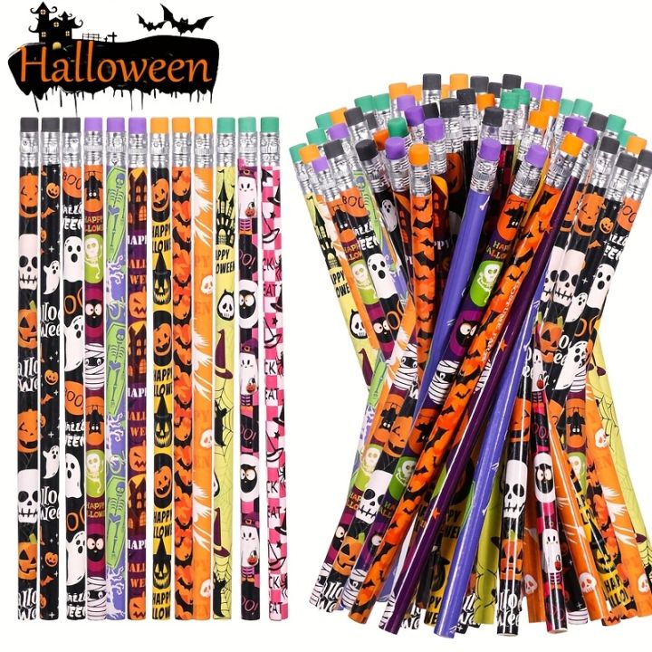 12/24pcs Halloween Themed Pencil Set with Erasers Pumpkin/Skeleton/Bat/Spider Pattern Pencil Party Favor Pack, 12 Random Mix