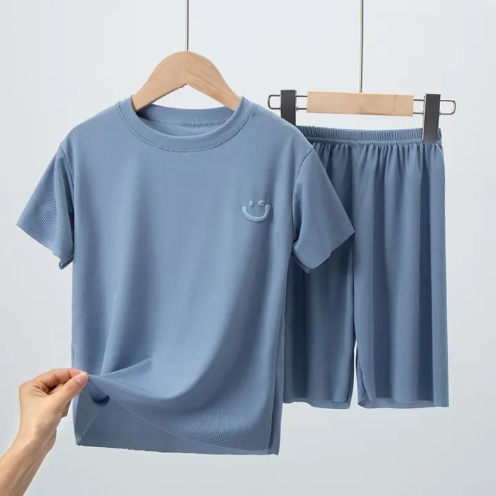 Children's%20Pajamas%20Summer%20Thin%20Short%20Sleeve%20Shorts%20Ice%20Silk%20Big%20Children%20Boys%20Girls%20Home%20Wear%20Set%20Summer%20-%20Image%204