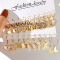 10pcs Gold Color Creative Simple Earrings Set for Women Fashion Temperament Hollowed-out Butterfly Love Earrings Jewelry Gifts.