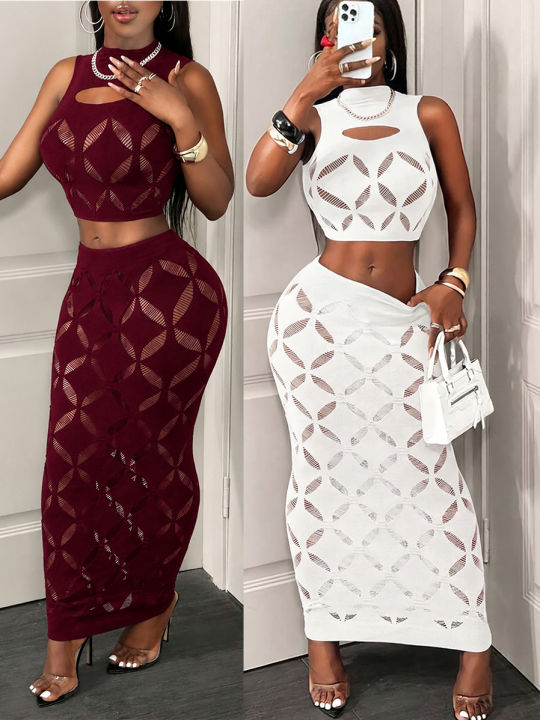 FHSEER%20Plus%20Size%202PCS%20Women's%20%20Set%20See%20Through%20Mesh%20Hollow%20Out%20Crop%20Tank%20&%20High%20Waist%20Bodycon%20Mini%20Skirt%20Stretechy%20Clubwear%20-%20Image%202