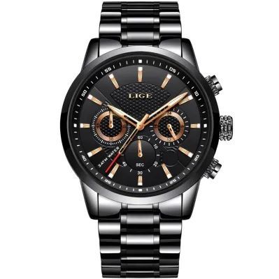 New Luxury Premium Black Stainless Steel Chain Quartz Analog Wrist Watch For Men Gents Boys Black LIGE