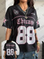 Summer New Chicago No.88 Print T Shirt For Women V-Neck Patchwork Short Sleeve Sports Football Jersey Y2K Loose Oversized Tops.