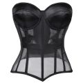 Women Sheer Mesh Overbust Corset Top Satin Padded Cup Strapless Back Lace Up Nightclub Party Bustier.