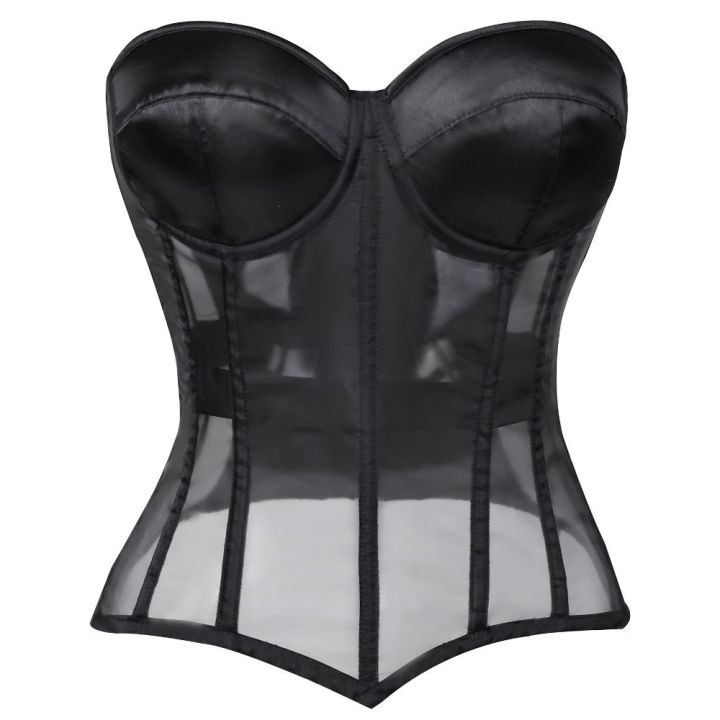 Women Sheer Mesh Overbust Corset Top Satin Padded Cup Strapless Back Lace Up Nightclub Party Bustier