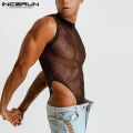 INCERUN 2023 Men Bodysuit Mesh Patchwork See Through  Sleeveless Thin Rompers Underwear Skinny Fashion Male Bodysuits S-5XL. 