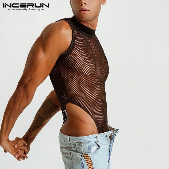 INCERUN 2023 Men Bodysuit Mesh Patchwork See Through  Sleeveless Thin Rompers Underwear Skinny Fashion Male Bodysuits S-5XL