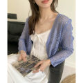 Sheer Pointelle Knit Crop Cardigan with Tie Front Openwork Long Sleeve Short Jacket Top Cover for Women Teen-girl Cute Outfit.