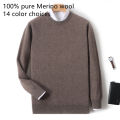 2025 100% Pure Merino Wool Men's Round Neck Pullover Solid Color Plus Size Casual Sweater Autumn And Winter Sports Cashmere Top. 