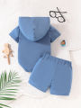 2pcs Summer Baby Boys Cartoon Pig Hooded Set, Cute Print Romper + Shorts, Cool Casual Style, Daily/Home/Photoshoot Wear, 0-12M.