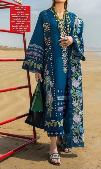 Shirt: organza.front fully emb with adda work.daman full emb.back emb.sleeves emb.back dama  border emb.
Dupatta: organza.emb dupatta with Indian lace apliqued on pallu.
Trouser: slk.
    Organzalm.ka
