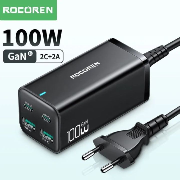 Rocoren GaN 5 100W 4 ports Desktop Charger 4.0 QC 3.0 PD USB-C Type C USB Fast Charging