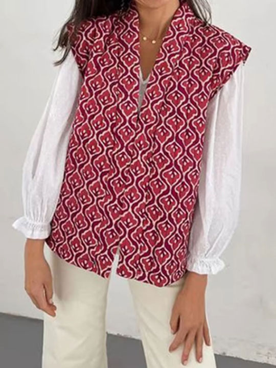 HH Autumn Winter Women Print Waistcoat Loose Casual  V Neck Sleeveless Open Front Vest 2024 Female Fashion Streetwear Top