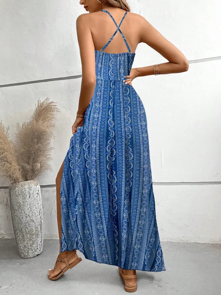 sachin and babi light blue dress SHEIN Random Allover Print Tie Backless Split Thigh Halter Dress ⋆ Women's  Store main image 0