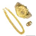 MEN'S FASHION WEDDING WATCH  DEAL TOP FASHION ORIGNAL RH  HIGH QUALITY GOLDEN LUXURIES STAINLESS STEEL ROUND DIAL WITH STAINLESS STEEL STRAPS WATCH WITH GOLDEN CHAIN BRACLET WITH TITANIUM STAINLESS STEEL GOLDEN RING FOR MEN AND BOYS. 