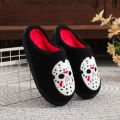 A Pair of Black Halloween Horror Mask Skull Pattern Embroidered Plush Home Thick-Soled Comfortable Slippers, Personalized Warm Non-Slip Indoor Slippers, Autumn and Winter , Suitable for Both Men and Women.