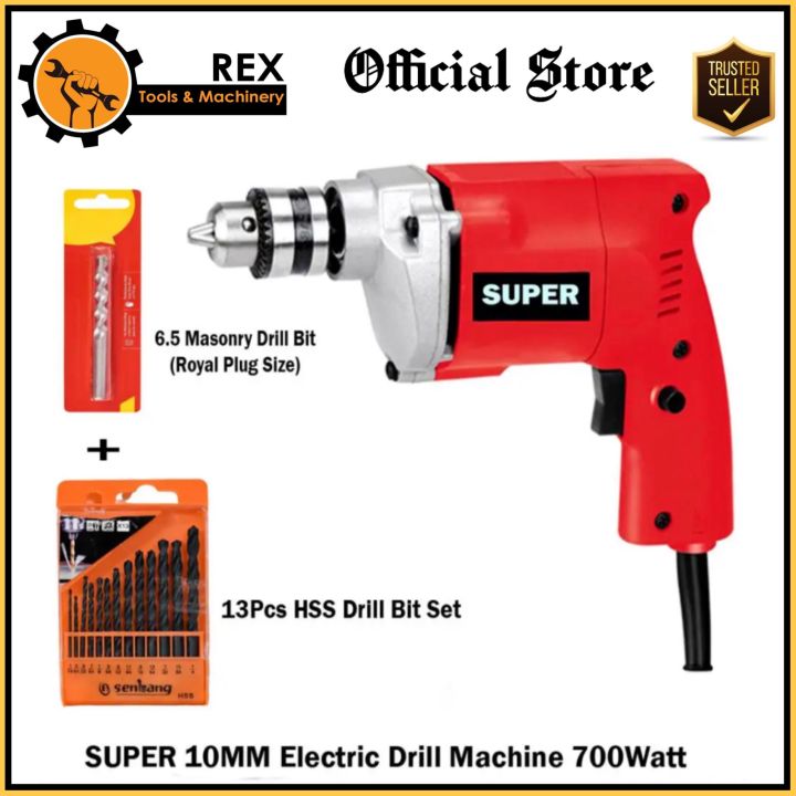 Super 10Mm Electric Drill Machine With 13 Piece Hss Drill Bit Set And 1 Piece 6 -5 Masonry Drill Bit - Drill Machine - Unleash The Power Of Precision