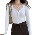 Long Sleeve Tops Women Crop Neck Women's T-shirts Slim Fitted Casual Basic Solid Color Y2K Going Out T Shirts Tee Tops.