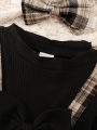 New Baby Girl Spring And Autumn Black Checkered Fake Two-piece Big Bow Headband Dress For Daily Outdoor Wear.