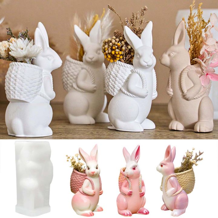 3D Easter Bunny Silicone Mold DIY Cute Animal Basket Rabbit Vase Ornaments Casting Molds Home Plaster Concrete Craft  Decor