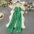 Vacation Loose Jumpsuit Strap Backless Thin Romper Streetwear Women INS One-Piece Outfit Beach Style Pleated Bodysuits.