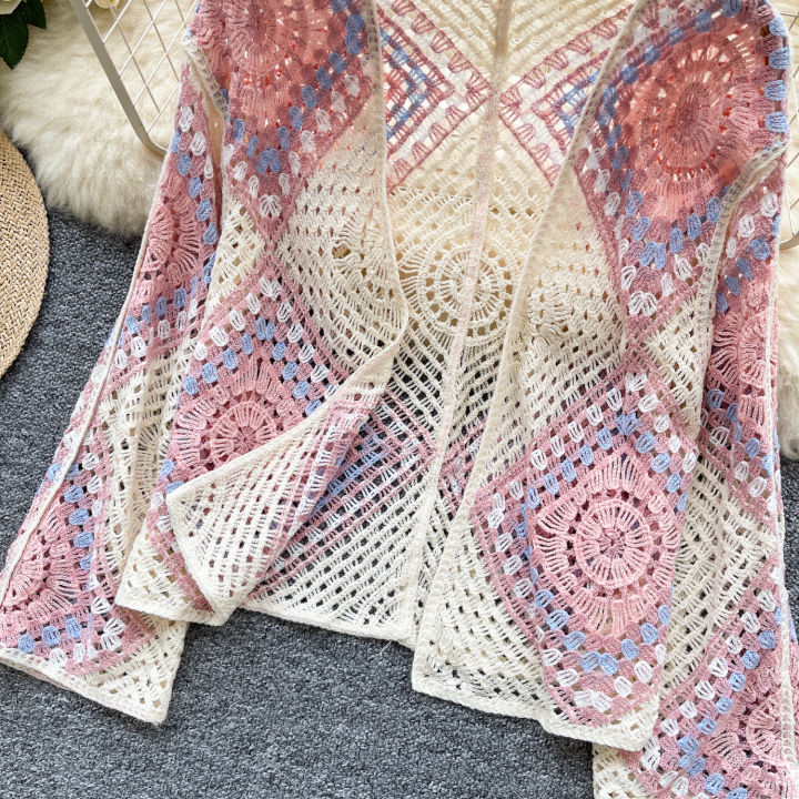 Pastel%20Granny%20Square%20Crochet%20Cardigan%20Sheer%20Open%20Front%20Knit%20Shrug%20Top%20Women%20Summer%20Beach%20Bikini%20Cover%20Up%20Boho%20Vacation%20Outfit%20-%20Image%204