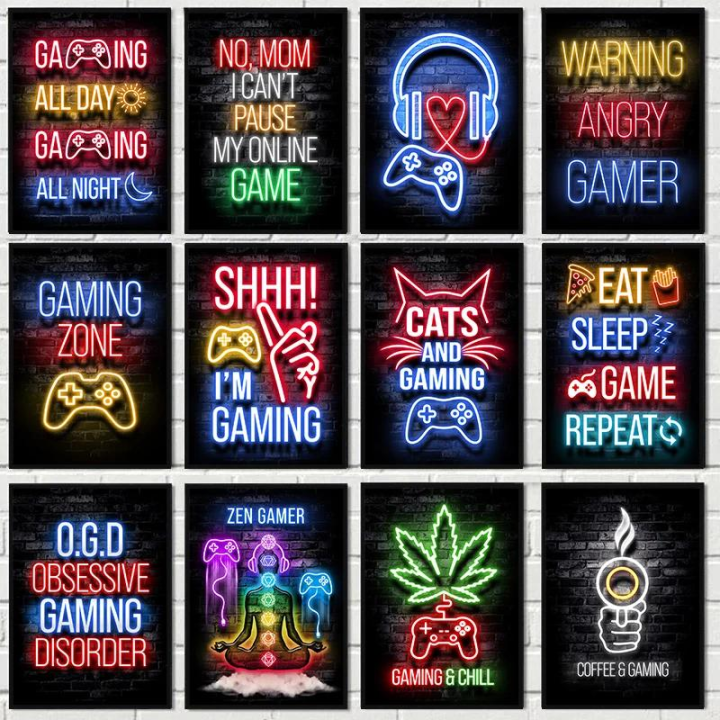 Neon Gaming Wall Art  Gamer Canvas Prints for Kids Boys Room Decor Playroom Decoration No Light  Posters  Canvas Paintings