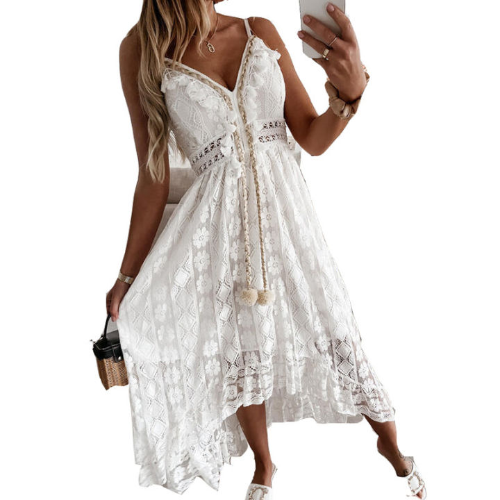 Summer%20New%20Lace%20Sling%20Big%20Swing%20Solid%20Color%20Long%20Skirt%20Dress%20Spring%20V-neck%20Sleeveless%20Beach%20Dresses%20Casual%20Chain%20Link%20Dress%20-%20Image%205